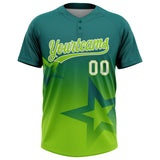 Custom Teal Neon Green-White Gradient Style Twinkle Star Two-Button Unisex Softball Jersey