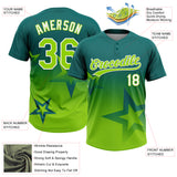 Custom Teal Neon Green-White Gradient Style Twinkle Star Two-Button Unisex Softball Jersey
