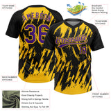 Custom Black Purple-Yellow Splatter Torn Sharp Brush Stroke Two-Button Unisex Softball Jersey