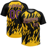 Custom Black Purple-Yellow Splatter Torn Sharp Brush Stroke Two-Button Unisex Softball Jersey