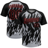 Custom Black Gray-Red Splatter Torn Sharp Brush Stroke Two-Button Unisex Softball Jersey