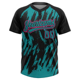 Custom Black Teal-Pink Splatter Torn Sharp Brush Stroke Two-Button Unisex Softball Jersey