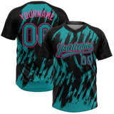 Custom Black Teal-Pink Splatter Torn Sharp Brush Stroke Two-Button Unisex Softball Jersey
