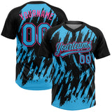 Custom Black Sky Blue-Pink Splatter Torn Sharp Brush Stroke Two-Button Unisex Softball Jersey