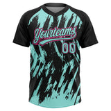 Custom Black Ice Blue-Pink Splatter Torn Sharp Brush Stroke Two-Button Unisex Softball Jersey