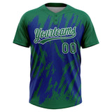 Custom Kelly Green Royal-White Splatter Torn Sharp Brush Stroke Two-Button Unisex Softball Jersey