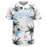 Custom White Light Blue Tropical Hawaii Palm Trees And Flamingo Two-Button Unisex Softball Jersey