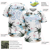 Custom White Light Blue Tropical Hawaii Palm Trees And Flamingo Two-Button Unisex Softball Jersey