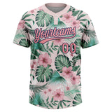 Custom White Medium Pink-Navy Hawaii Palm Leaves And Flowers Two-Button Unisex Softball Jersey