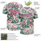 Custom White Medium Pink-Navy Hawaii Palm Leaves And Flowers Two-Button Unisex Softball Jersey