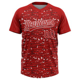 Custom Red-White Raglan Sleeves Distressed Fragment Brush Stroke Two-Button Unisex Softball Jersey