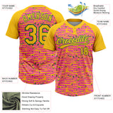 Custom Pink Yellow-Kelly Green Raglan Sleeves Distressed Fragment Brush Stroke Two-Button Unisex Softball Jersey