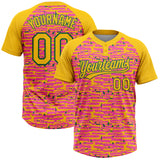 Custom Pink Yellow-Kelly Green Raglan Sleeves Distressed Fragment Brush Stroke Two-Button Unisex Softball Jersey