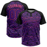 Custom Purple Black-Pink Raglan Sleeves Distressed Fragment Brush Stroke Two-Button Unisex Softball Jersey