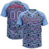 Custom Light Blue Black-Pink Raglan Sleeves Distressed Fragment Brush Stroke Two-Button Unisex Softball Jersey