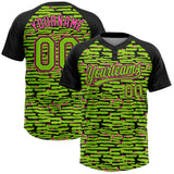 Custom Neon Green Black-Pink Raglan Sleeves Distressed Fragment Brush Stroke Two-Button Unisex Softball Jersey