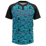 Custom Lakes Blue Black-Pink Raglan Sleeves Distressed Fragment Brush Stroke Two-Button Unisex Softball Jersey