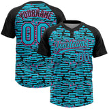 Custom Lakes Blue Black-Pink Raglan Sleeves Distressed Fragment Brush Stroke Two-Button Unisex Softball Jersey