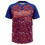 Custom Red Royal-White Raglan Sleeves Distressed Fragment Brush Stroke Two-Button Unisex Softball Jersey