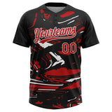Custom Black Red-White Raglan Sleeves Abstract Fluid Marble Two-Button Unisex Softball Jersey