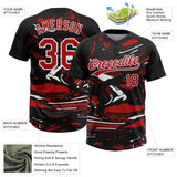 Custom Black Red-White Raglan Sleeves Abstract Fluid Marble Two-Button Unisex Softball Jersey