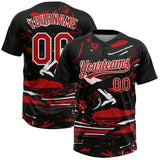 Custom Black Red-White Raglan Sleeves Abstract Fluid Marble Two-Button Unisex Softball Jersey