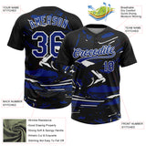 Custom Black Royal-White Raglan Sleeves Abstract Fluid Marble Two-Button Unisex Softball Jersey