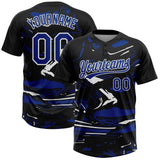 Custom Black Royal-White Raglan Sleeves Abstract Fluid Marble Two-Button Unisex Softball Jersey