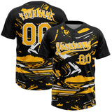 Custom Black Gold-White Raglan Sleeves Abstract Fluid Marble Two-Button Unisex Softball Jersey