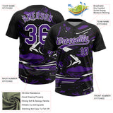 Custom Black Purple-White Raglan Sleeves Abstract Fluid Marble Two-Button Unisex Softball Jersey