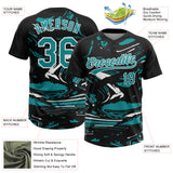 Custom Black Teal-White Raglan Sleeves Abstract Fluid Marble Two-Button Unisex Softball Jersey