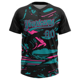 Custom Black Teal-Pink Raglan Sleeves Abstract Fluid Marble Two-Button Unisex Softball Jersey