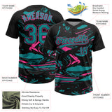 Custom Black Teal-Pink Raglan Sleeves Abstract Fluid Marble Two-Button Unisex Softball Jersey