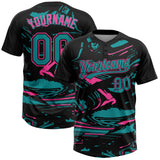 Custom Black Teal-Pink Raglan Sleeves Abstract Fluid Marble Two-Button Unisex Softball Jersey