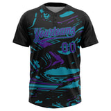Custom Black Purple-Teal Raglan Sleeves Abstract Fluid Marble Two-Button Unisex Softball Jersey