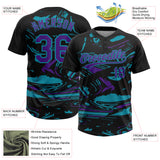 Custom Black Purple-Teal Raglan Sleeves Abstract Fluid Marble Two-Button Unisex Softball Jersey