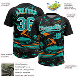 Custom Black Aqua Bay Orange-White Raglan Sleeves Abstract Fluid Marble Two-Button Unisex Softball Jersey