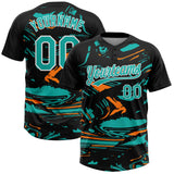 Custom Black Aqua Bay Orange-White Raglan Sleeves Abstract Fluid Marble Two-Button Unisex Softball Jersey