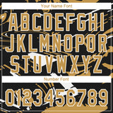 Custom Black Old Gold-White Raglan Sleeves Abstract Fluid Marble Two-Button Unisex Softball Jersey