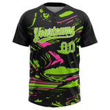 Custom Black Neon Green Pink-White Raglan Sleeves Abstract Fluid Marble Two-Button Unisex Softball Jersey