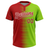 Custom Neon Green Red-White Gradient Horizontal Stripe Two-Button Unisex Softball Jersey