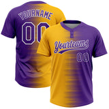 Custom Gold Purple-White Gradient Horizontal Stripe Two-Button Unisex Softball Jersey