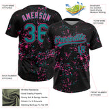 Custom Black Teal-Pink Abstract Shattered Paint Splatter Two-Button Unisex Softball Jersey