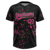 Custom Black Pink-Grass Green Abstract Shattered Paint Splatter Two-Button Unisex Softball Jersey