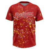 Custom Red Gold-White Abstract Shattered Paint Splatter Two-Button Unisex Softball Jersey