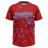 Custom Red Purple-White Abstract Shattered Paint Splatter Two-Button Unisex Softball Jersey