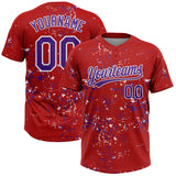 Custom Red Purple-White Abstract Shattered Paint Splatter Two-Button Unisex Softball Jersey