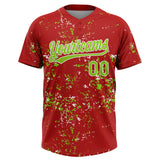 Custom Red Neon Green-White Abstract Shattered Paint Splatter Two-Button Unisex Softball Jersey