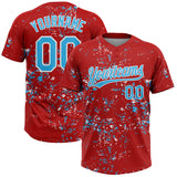 Custom Red Sky Blue-White Abstract Shattered Paint Splatter Two-Button Unisex Softball Jersey