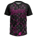 Custom Black Deep Pink-Gray Raglan Sleeves Neon Lightning Crackle Two-Button Unisex Softball Jersey
